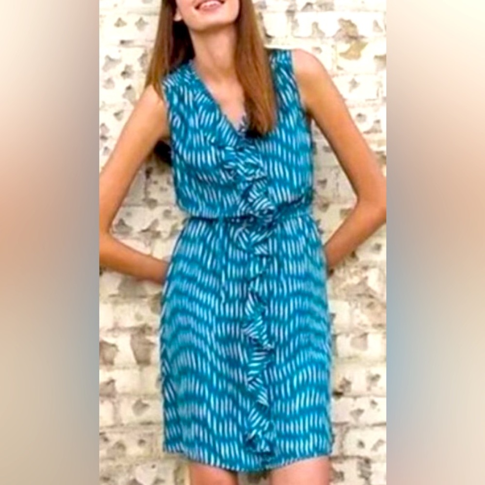 Anthropologie Lil Cascading Ruffle Blue Sleeveless 100% Silk Belted Dress 2